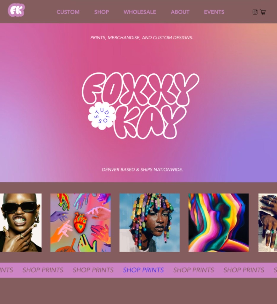 Foxxy Kay Studios website homepage with gradient hero and art gallery