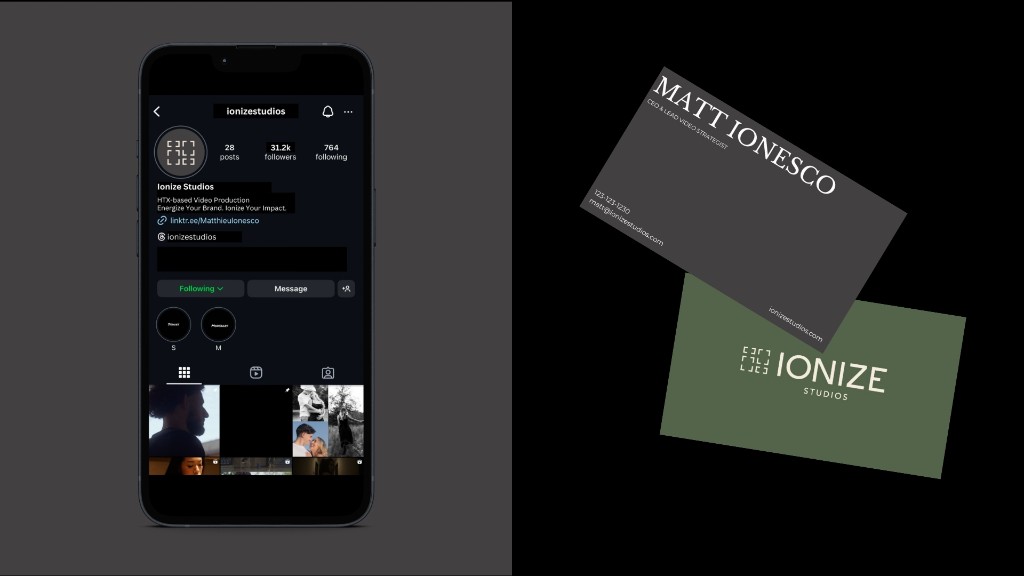 Ionize Studios Instagram profile and business card mockups
