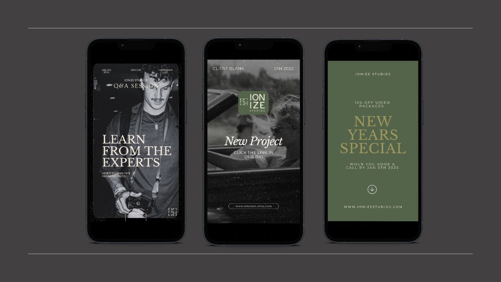 Three mobile mockups of Ionize Studios social media graphics