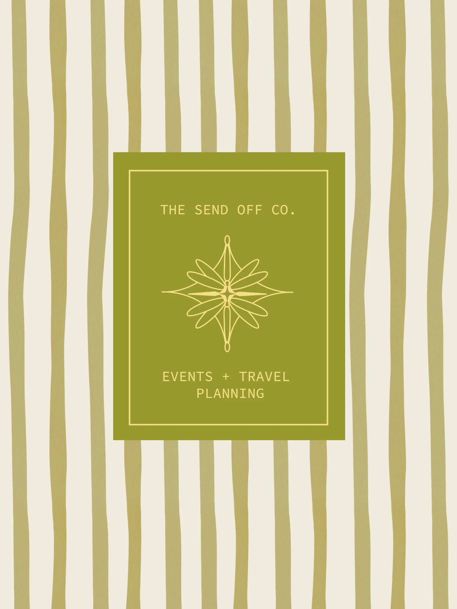 The Send Off Co events and travel planning brand card over olive stripes