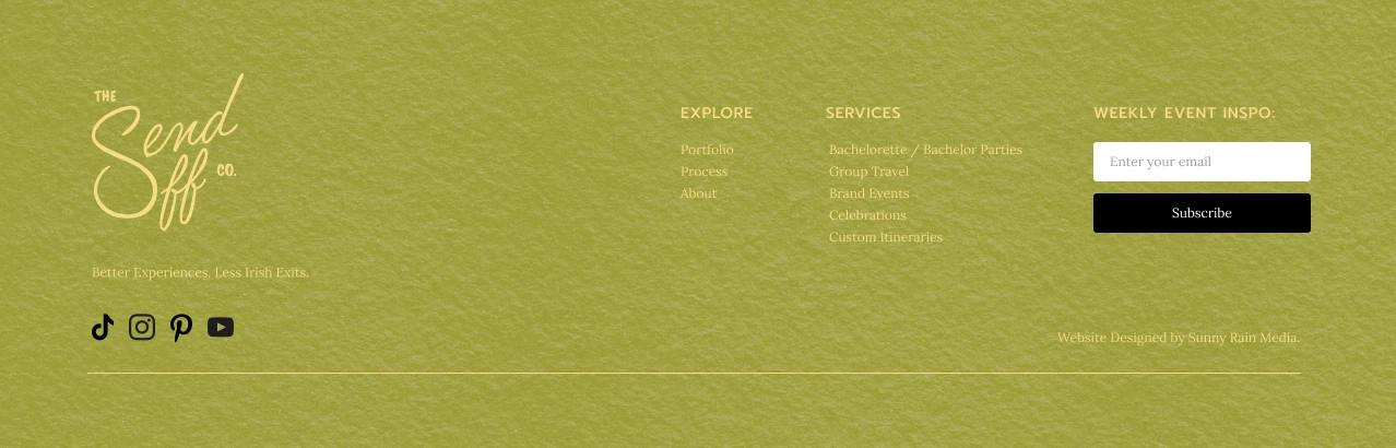 The Send Off Co olive website footer with logo, navigation and newsletter design