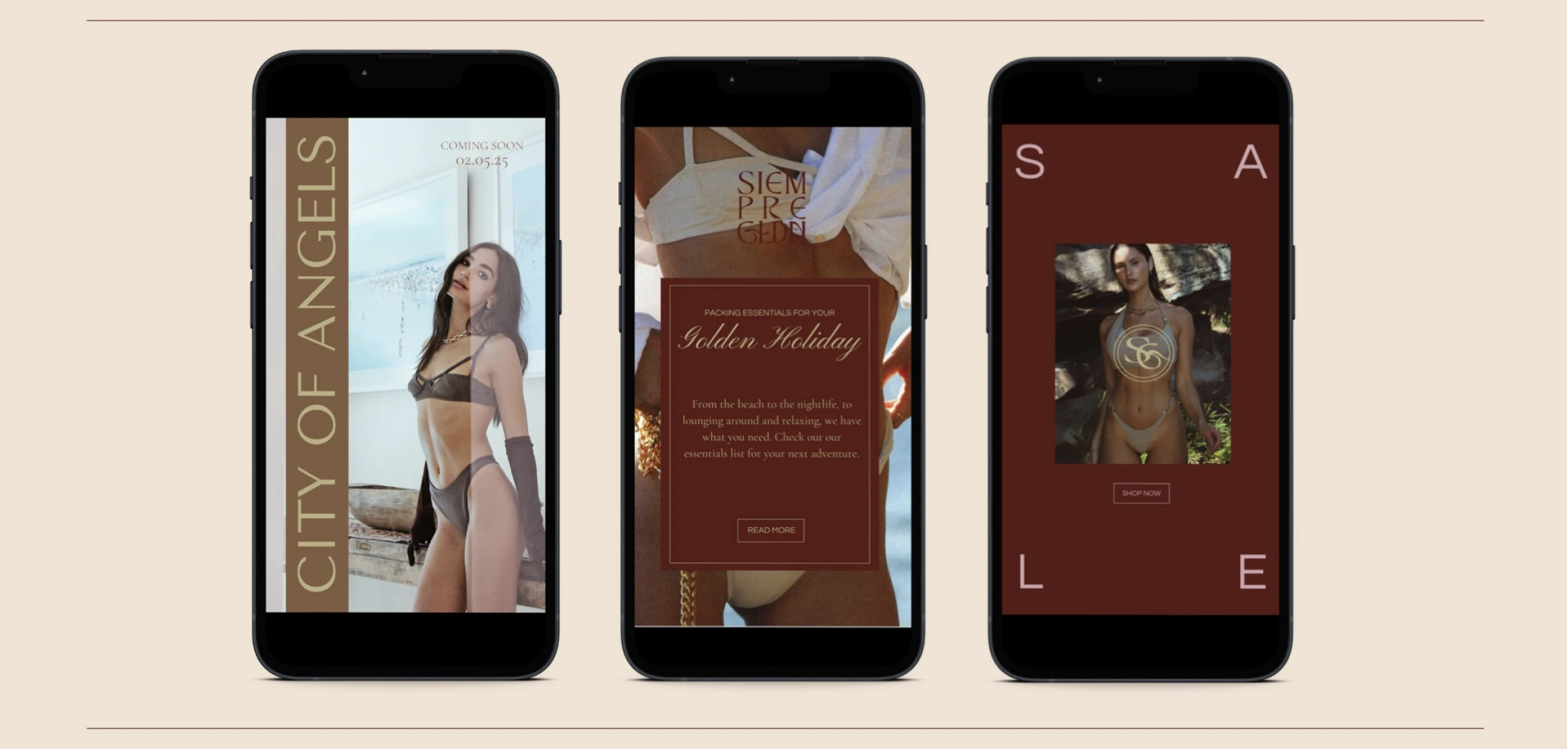Three mobile mockups of Siempre Golden social and web layouts