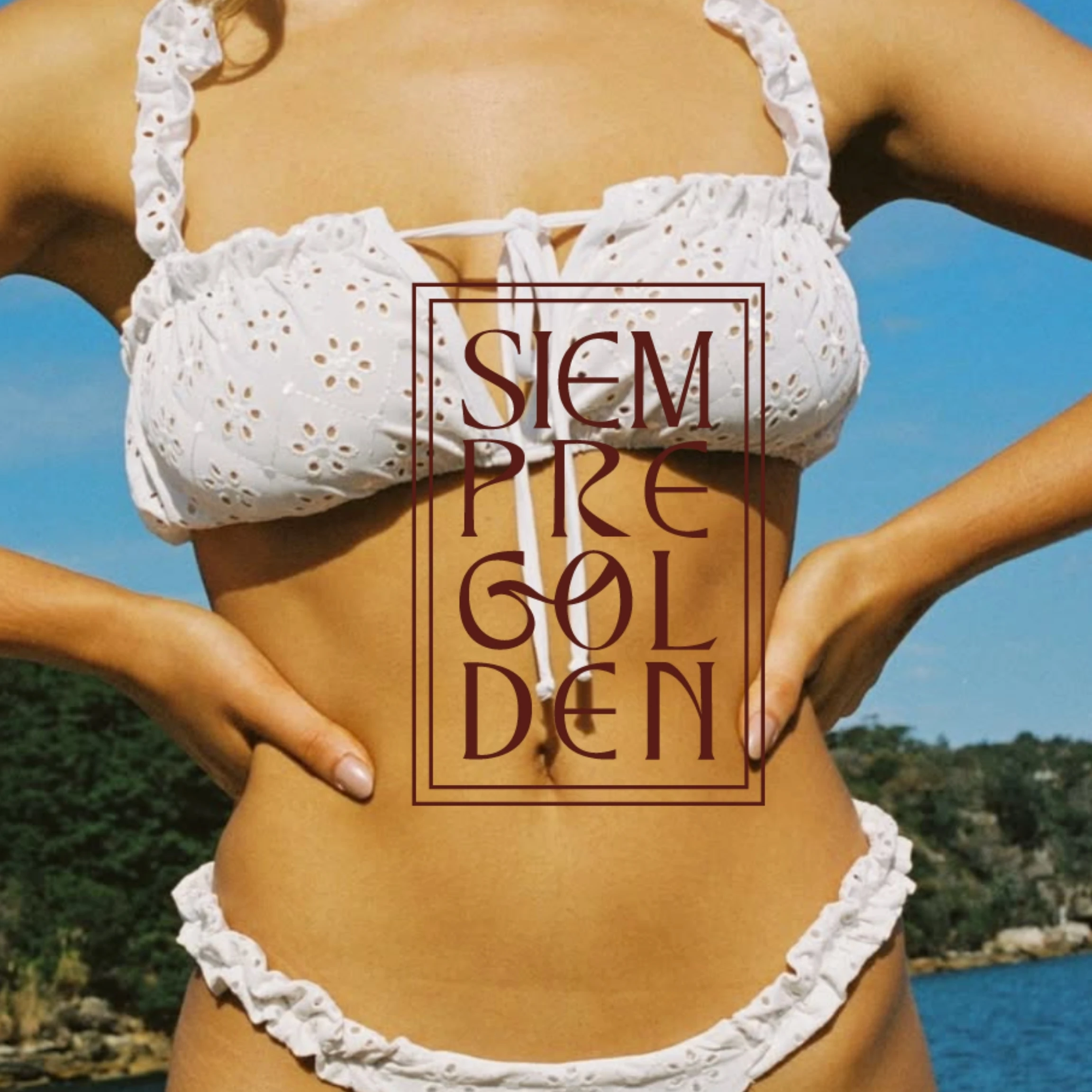 Siempre Golden swimwear advertisement featuring a model in a white swimsuit